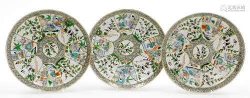 Three Chinese porcelain famille verte plates, decorated with...