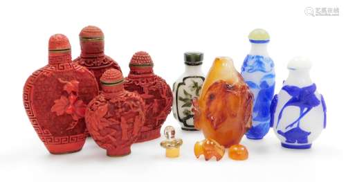 Three modern Chinese overlay glass snuff bottles and others,...