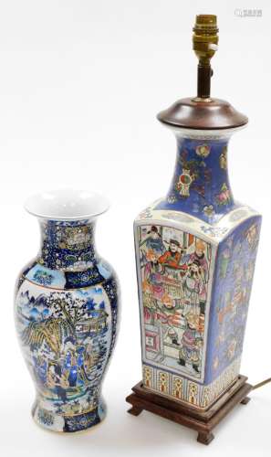 A Chinese porcelain lamp, of square section, each side decor...
