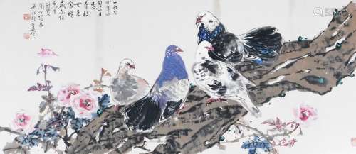 A Chinese print, of doves perched on a gnarled branch with f...