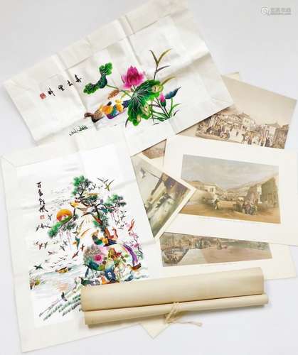 A group of Chinese silk and rice paper pictures, to include ...