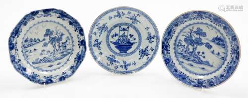 Three Chinese 18thC blue and white plates, one of octagonal ...
