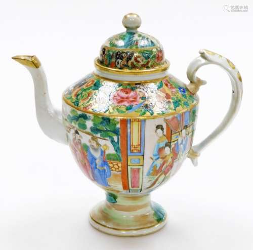 A 19thC Chinese Canton porcelain teapot, of ovoid form, the ...