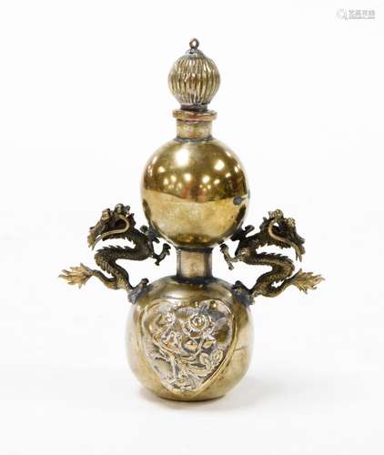 A Chinese bronze opium bottle, with integral spoon stopper, ...