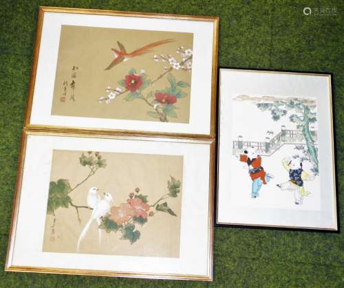 Two Chinese watercolours on silk of birds and flowers each s...