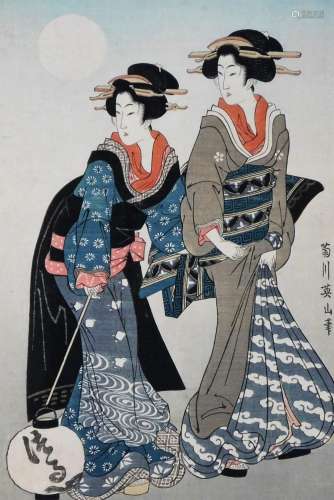 A Japanese wood block print, depicting two geisha, one carry...