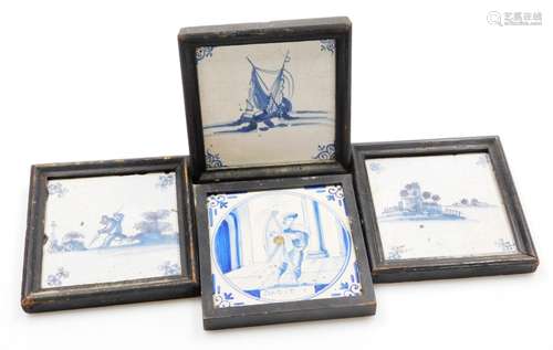 Four early 19thC Delft blue and white tiles, one depicting w...