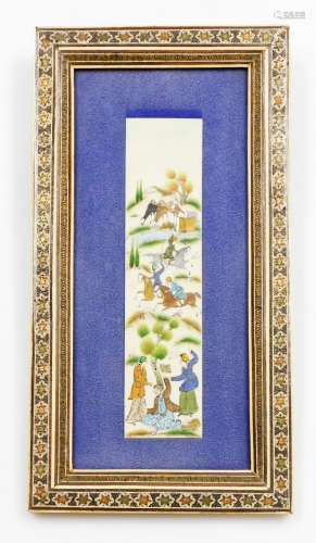 A painted Middle Eastern ivory panel, with figures of warrio...