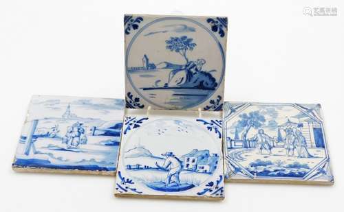 Four 19thC Delft tiles, to include scene of possibly London,...