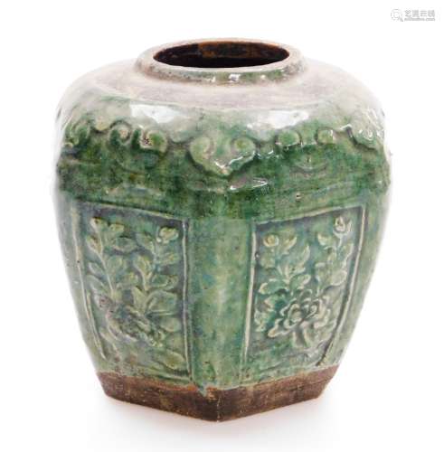 A Chinese green glazed hexagonal pottery jar, with rectangul...