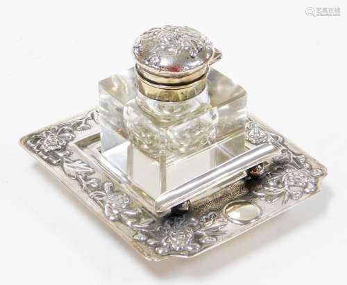 A Chinese silver ink stand, the cut crystal well having a re...