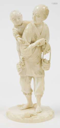 A Japanese ivory okimono of a man carrying his son on his ba...