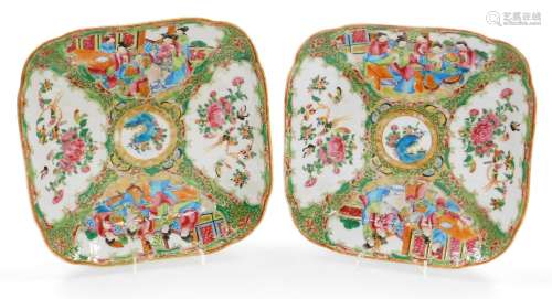 A pair of 19thC Chinese Canton porcelain square dishes, deco...