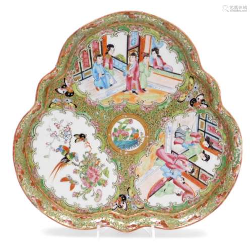 A 19thC Chinese Canton porcelain trefoil dish, decorated wit...