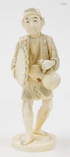 A Japanese marine ivory okimono, of a man with double gourd ...