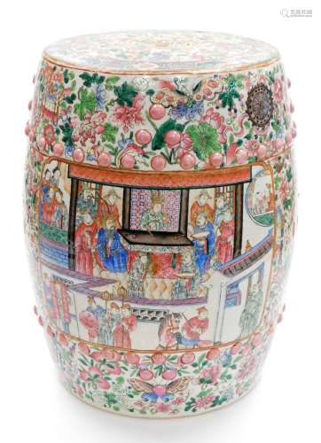 A Chinese porcelain garden seat, of barrel shape profusely d...
