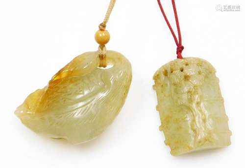 Two carved Chinese jade pendants, one carved as a section of...