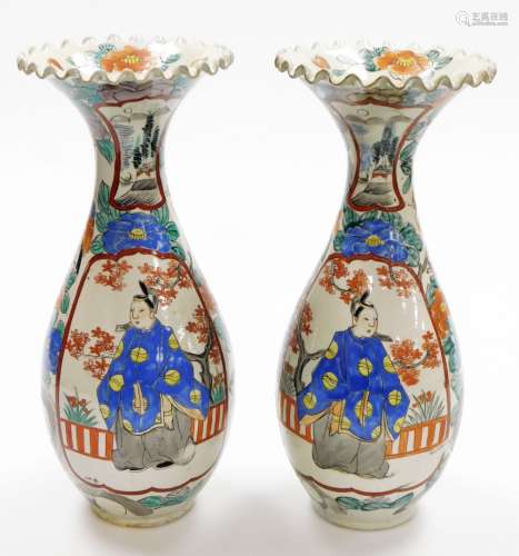 A pair of Japanese porcelain ovoid vases, with frill necks, ...