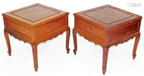 A pair of Chinese hardwood side tables, each with square top...