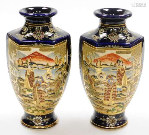 A pair of 20th Japanese Satsuma hexagonal baluster vases, de...