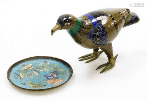 A Chinese cloisonne model of a hawk, with brass legs and bea...
