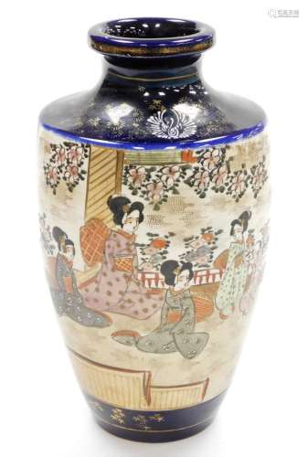 A large Japanese blue ground Satsuma vase, painted with pane...