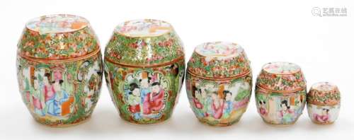 A graduated set of 19thC Chinese Canton porcelain jars and c...