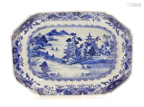 A Chinese blue and white octagonal meat plate, with river la...