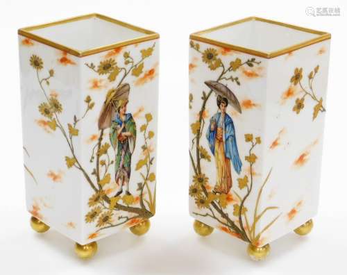 A pair of 19thC porcelain Japanesque square vases, decorated...
