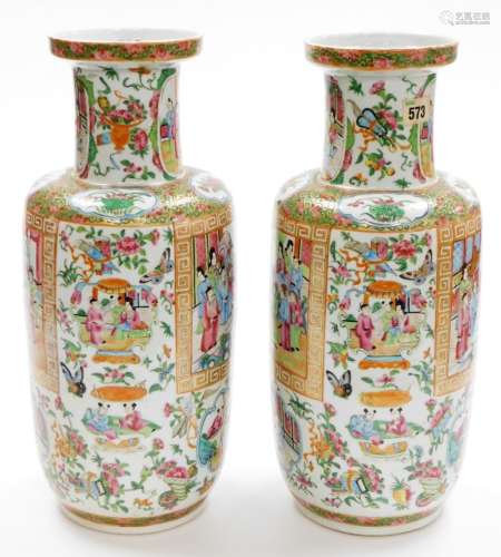 A pair of 19thC Chinese Canton porcelain baluster vases, wit...