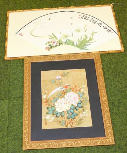 Two Chinese pictures, a fan design with lilies and calligrap...