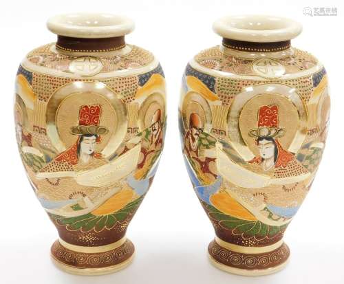 A pair of 20thC Japanese Satsuma baluster vases, decorated w...