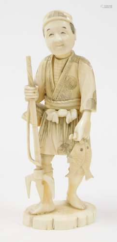 A Japanese marine ivory okimono, of a fisherman carrying his...