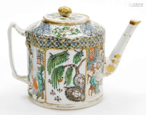 A 19thC Chinese porcelain teapot, with panelled famille vert...
