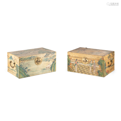 TWO CHINESE PAINTED VELLUM CHESTS 19TH CENTURY