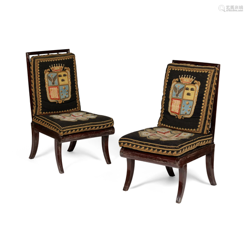 PAIR OF NORTH ITALIAN MAHOGANY AND NEEDLEWORK SIDE