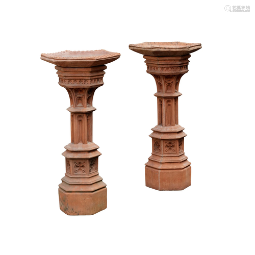 PAIR OF GOTHIC REVIVAL TERRACOTTA BIRDBATHS EARLY 20TH