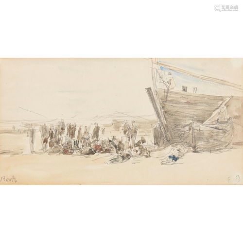 Eugene Boudin (French 1824-1898) Fishermen and boats on