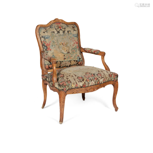 DUTCH CARVED BEECH AND NEEDLEWORK UPHOLSTERED OPEN