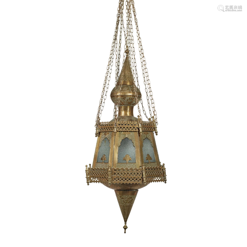 INDIAN PIERCED BRASS AND GLASS HANGING LANTERN LATE