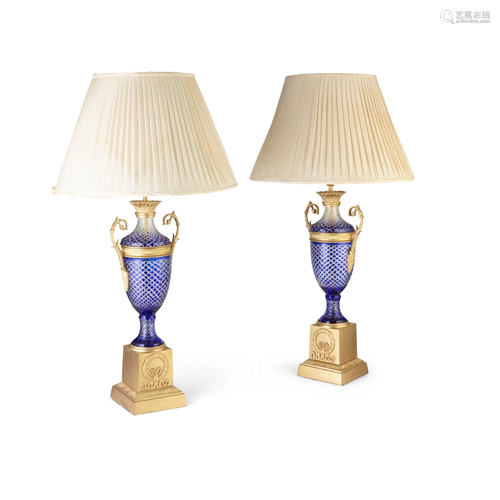 â€¡ PAIR OF BOHEMIAN BLUE OVERLAY AND CUT GLASS ORMOLU