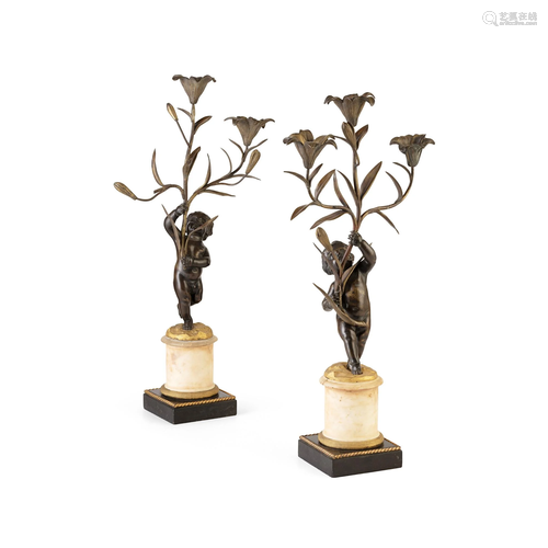 PAIR OF FRENCH PATINATED AND GILT BRONZE FIGURAL