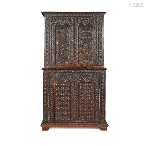 SPANISH CARVED WALUT AND FRUITWOOD BUFFET A DEUX CORPS