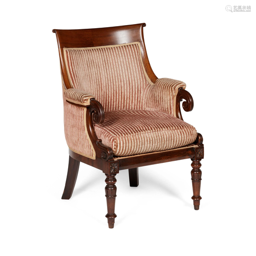 WILLIAM IV MAHOGANY UPHOLSTERED BERGERE EARLY 19TH