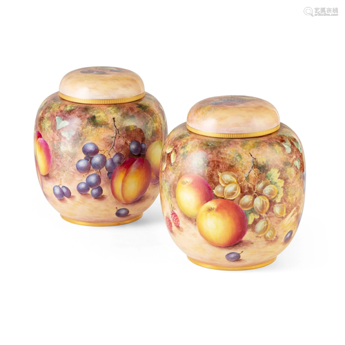 PAIR OF FRUIT PAINTED ROYAL WORCESTER GINGER JARS WITH