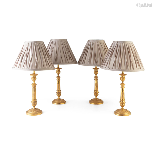 SET OF FOUR BRASS CANDLESTICK LAMPS 19TH CENTURY