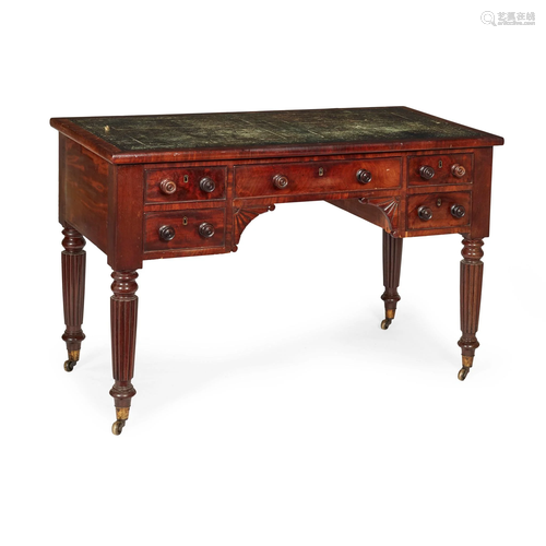 LATE REGENCY LEATHER-TOPPED MAHOGANY DESK, IN THE