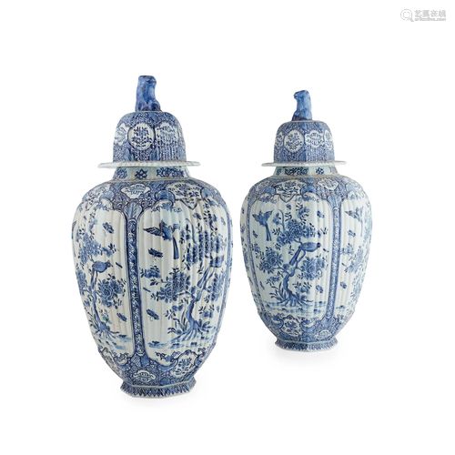 PAIR OF DUTCH DELFT BLUE AND WHITE OCTAGONAL FORM JARS