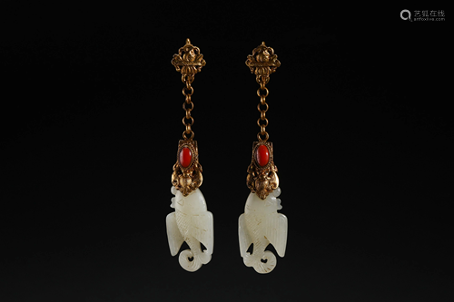 Hetian Jade Gilt Earrings in Qing Dynasty