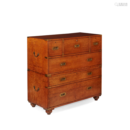 OAK AND BRASS MOUNTED CAMPAIGN SECRETAIRE CHEST OF